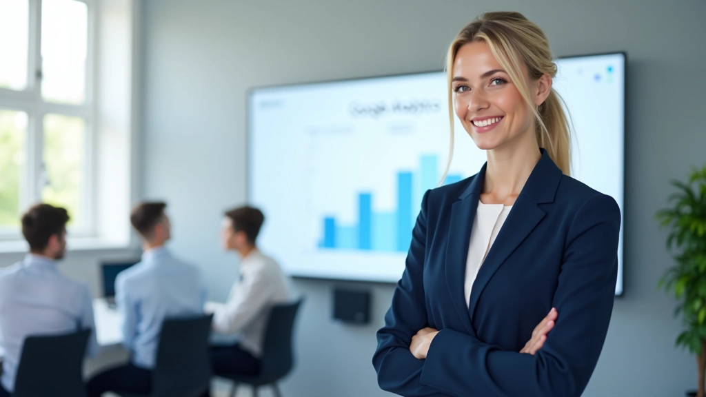 Školitelka prezentující Google Analytics na velkém monitoru v profesionálním učebním prostředí