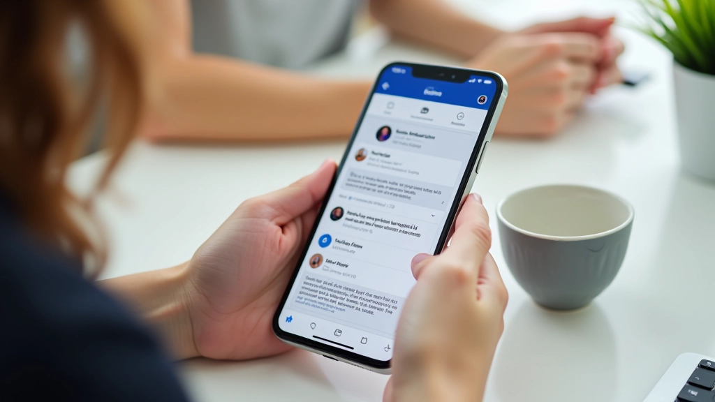 Smartphone zobrazující obsah Facebooku s diskuzní skupinou a příspěvy