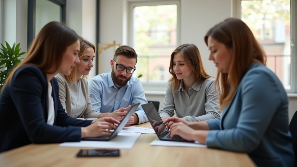Tým pracuje na facebookové marketingové kampani s notebookem a tablety v kanceláři